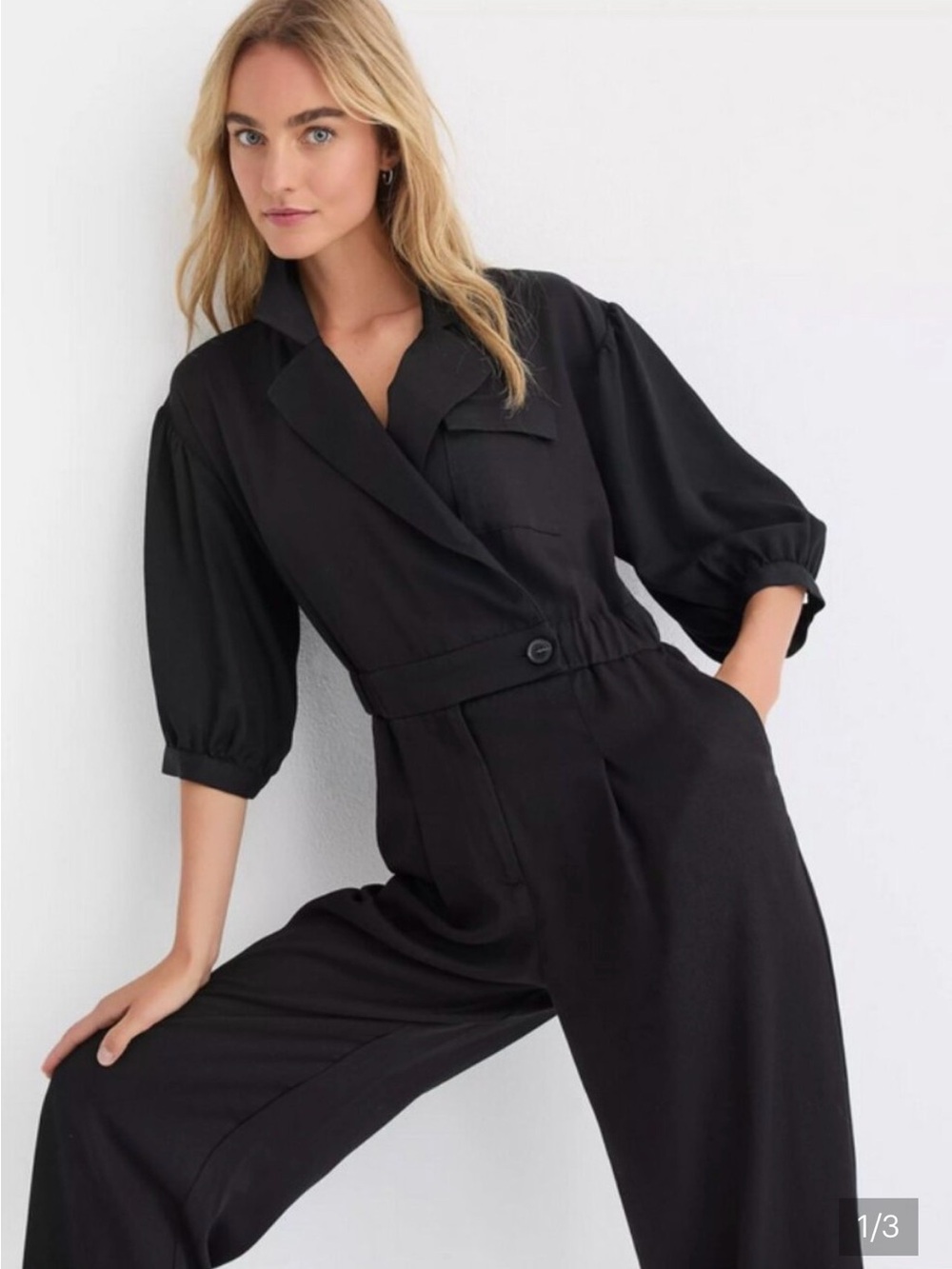 LOFT Black Utility Jumpsuit with Puff 3/4 Sleeves
